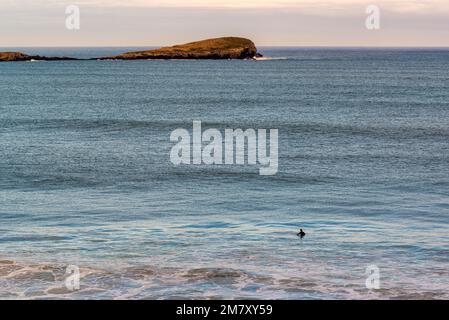 Sulfist sur une planche de surf dans la crête d'une vague dans la mer Cantabrique, Islares, Cantabrie, nord de l'Espagne, Europe Banque D'Images