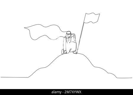 Dessin d'un homme d'affaires arabe avec le héros cape on Mountain. Design unique de style art continu Illustration de Vecteur