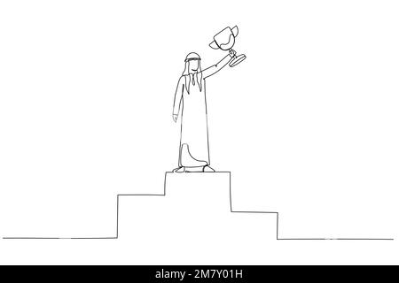 Dessin animé de l'homme d'affaires arabe vainqueur de la première place sur pied de la main levée avec la coupe d'or. Design unique de style art continu Illustration de Vecteur