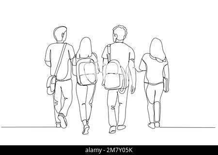 Dessin d'une vue arrière d'un groupe d'étudiants de l'université qui s'éloignent. Style de dessin au trait continu Illustration de Vecteur