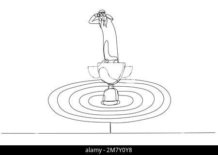 Dessin d'hommes d'affaires debout au-dessus du trophée sur le dartboard à l'aide de jumelles. Un design de style art continu Illustration de Vecteur