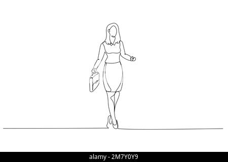 Dessin d'une femme d'affaires marchant vers l'avant portant un sac en cuir. Illustration de ligne continue unique Illustration de Vecteur