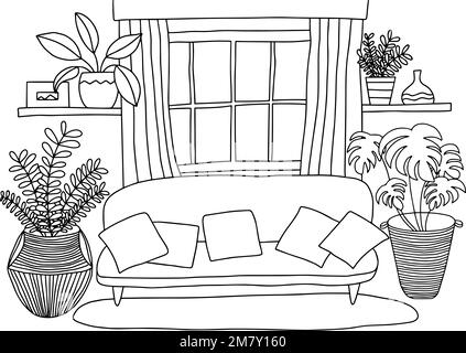 Salon confortable page de coloriage Illustration de Vecteur