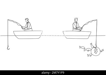 Illustration de l'homme d'affaires de pêche dollar argent profit assis dans le bateau. Design unique en continu Illustration de Vecteur