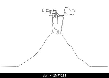 Dessin du succès l'homme arabe tient le stand de spyglass à côté du drapeau sur le concept de montagne d'opportunité. Design en ligne continue Illustration de Vecteur