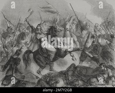 Première invasion mongol de la Russie (1221-1223). Bataille de la rivière Kalka (31 mai 1223). Les troupes de l'Empire mongol, dirigées par Jebei et Subedei, ont vaincu une alliance des principautés de Russie, de Galicien-Volyn et des Cumans. Gravure. 'Los Heroes y las Grandezas de la Tierra' (les héros et les Grandeurs de la Terre). Volume VI 1856. Banque D'Images