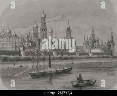 Moscou, Russie. Vue générale du Kremlin. Gravure par Adrienne. 'Los Héroes y las Grandezas de la Tierra' (les héros et les Grandeurs de la Terre). Volume VI 1856. Banque D'Images