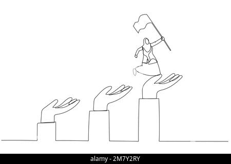 Dessin d'une femme d'affaires musulmane sautant la main géante de l'échelle de croissance concept du progrès. Design de style art à une ligne Illustration de Vecteur
