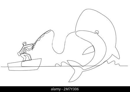 Dessin de l'homme d'affaires obtenir le grand poisson de baleine concept de la capture de gros profit. Design unique de style art continu Illustration de Vecteur