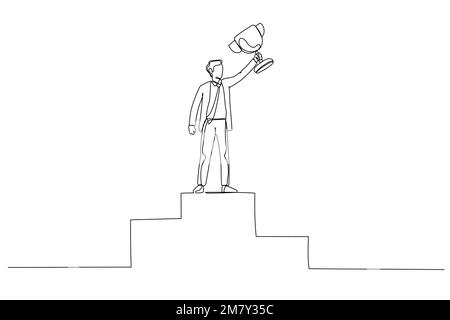 Dessin de l'homme d'affaires gagnant de première place sur le piédestal main levée avec la coupe d'or. Design unique de style art continu Illustration de Vecteur