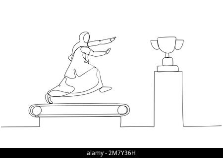 Illustration de la femme d'affaires musulmane en train de courir sur le tapis roulant essayer d'obtenir le concept de trophée de la course de rat. Design unique de style art continu Illustration de Vecteur