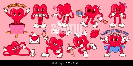 Mascotte de coeur de dessin animé. Valentin romantique, personnage d'amour avec cadeau et ange cupid coeur vecteur ensemble d'illustration Illustration de Vecteur