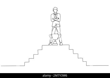 Illustration d'un homme d'affaires au sommet des escaliers gagnant avec trophée. Design de style art simple Illustration de Vecteur