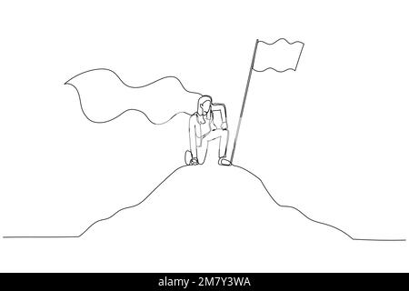 Dessin d'une femme d'affaires avec le héros cape sur la montagne. Design unique de style art continu Illustration de Vecteur