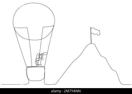 Illustration d'une femme d'affaires en ballon volant vers la montagne avec le concept de drapeau de l'objectif. Design de style art à une ligne Illustration de Vecteur