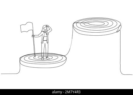 Dessin animé d'une femme d'affaires monter l'échelle pour atteindre l'objectif et à la recherche de la prochaine étape plus grande. Design unique de style art continu Illustration de Vecteur