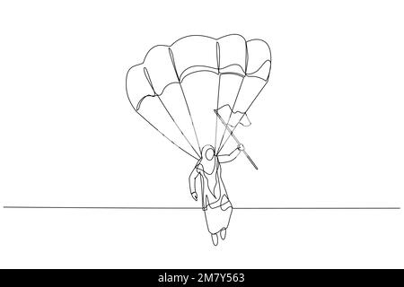 Dessin d'une femme d'affaires musulmane sur un parachute avec un drapeau sur le concept de solution cible. Design unique de style art continu Illustration de Vecteur