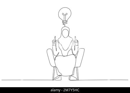 Dessin d'une femme d'affaires musulmane ayant une idée créative faisant le geste d'eureka avec les deux mains. Un design de style art continu Illustration de Vecteur