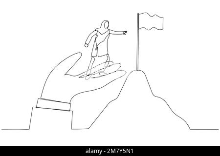 Dessin d'une femme d'affaires musulmane se tient sur la main d'aide géante pour atteindre le haut de la cible de montagne drapeau. Design de style art à une ligne Illustration de Vecteur