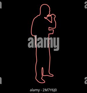 Neon homme essayant la nourriture de cuillère debout Tasting concept Gourmet essais plat Chef essayant rouge couleur vecteur illustration image plat style lumière Illustration de Vecteur