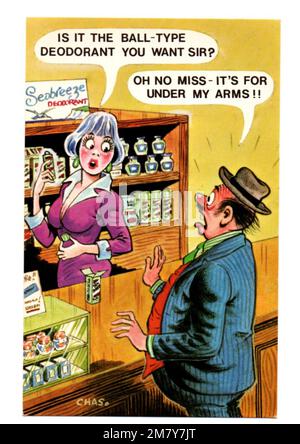 Vintage Bamforth Comic Postcard No 552 'est-ce le déodorant ball-Type que vous voulez Sir? L'humour britannique des années 1960 par l'artiste Cras Banque D'Images