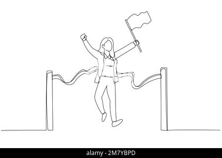 Dessin d'une femme d'affaires tenant le drapeau numéro à la première place dans la ligne d'arrivée. Design de style art simple Illustration de Vecteur