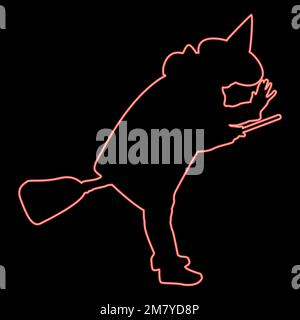 Fée néon Wizard Witch volant sur le sujet de balai pour Halloween concept rouge couleur vecteur illustration image plat style lumière Illustration de Vecteur