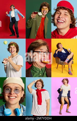 Ensemble de photos collage de portraits de jeunes hommes émotionnels dans divers vêtements exprimant seulement des émotions positives heureux. Concept de mode, émotions Banque D'Images