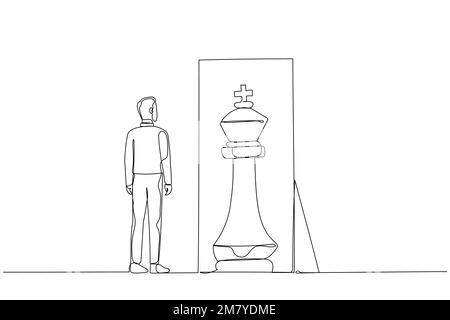 Caricature d'homme d'affaires debout devant le miroir voyant le roi intérieur pièce d'échecs concept de mentalité positive. Design de style art simple Illustration de Vecteur