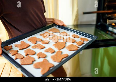 Biscuits maison de pain d'épice sur un tapis de silicone sur une plaque de cuisson dans les mains d'une femme devant un four ouvert Banque D'Images