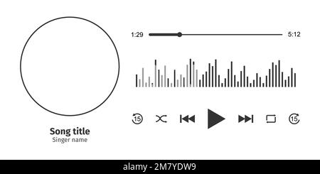 Interface de lecteur audio conception horizontale avec cadre photo de morceau rond, différents boutons, barre de progression de chargement avec minuterie et onde sonore. Illustration graphique vectorielle isolée sur fond blanc Illustration de Vecteur