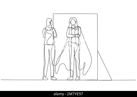 Dessin d'une femme d'affaires reflète l'art de l'auto-portrait dans la force intérieure dans le miroir. Un design artistique de style ligne Illustration de Vecteur