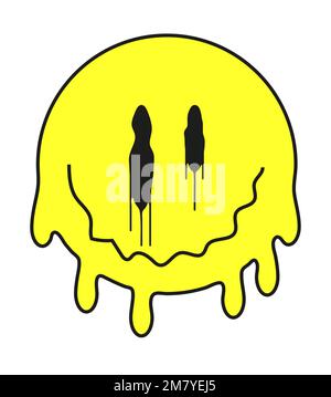 Groovy souriant visages vecteur. Emoji goutte à goutte rétro. Drôle de LSD, surréaliste, techno, signe de visage de fusion. Acide, trippy, psychédélique emoji Illustration de Vecteur