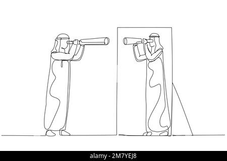 Dessin d'un homme arabe tenant un télescope regardant dans le miroir. Design de style art simple Illustration de Vecteur