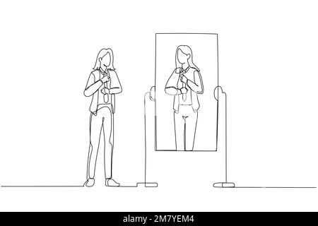 Dessin d'une femme d'affaires se préparer à travailler en regardant dans le miroir. Un design de style art continu Illustration de Vecteur