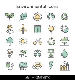 Vecteur d'icônes environnementales pour les entreprises dans un ensemble de lignes simples vertes Illustration de Vecteur