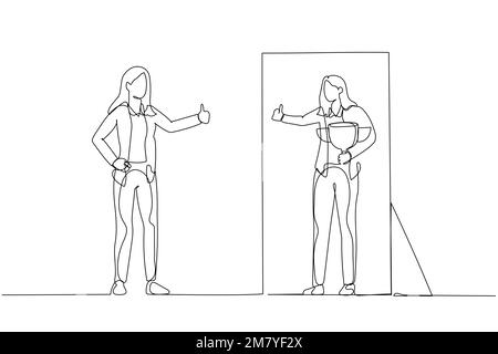 Dessin animé de femme d'affaires regardant dans le miroir de soi donnant le pouce vers le haut le concept de l'amour de soi. Design unique en continu Illustration de Vecteur