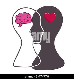 Le concept du cœur et du cerveau, le conflit entre les émotions et la pensée rationnelle, le travail d'équipe et l'équilibre entre l'âme et l'intelligence. Logo vectoriel ou icône Desi Illustration de Vecteur