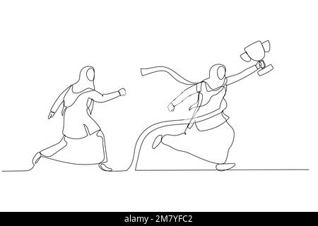 Illustration de la femme d'affaires musulmane obtenir à la ligne d'arrivée gagnant concurrence féroce. Design de style art à une ligne Illustration de Vecteur