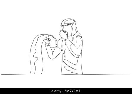 Dessin d'un homme arabe tenant une longue liste de projets de loi mis en relief à cause de la dette. Design unique de style art continu Illustration de Vecteur