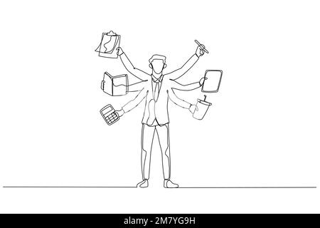 Dessin d'homme d'affaires avec plusieurs mains concept de multitâche. Design de style art continu Illustration de Vecteur