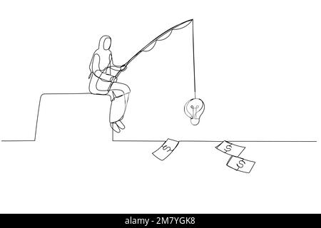 Caricature de la femme musulmane pêchant de l'argent dollar concept de l'innovation et de la stratégie. Design de style art à une ligne Illustration de Vecteur