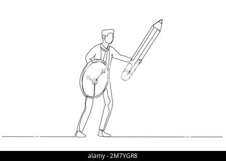 Dessin d'homme d'affaires utilisant le crayon comme épée et horloge comme bouclier concept de procrastination ou de gestion du temps. Design en ligne continue Illustration de Vecteur