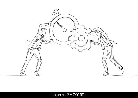 Dessin d'homme d'affaires combiner horloge avec et engrenage concept de roue dentée de gestion du temps et de production. Design unique de style art continu Illustration de Vecteur