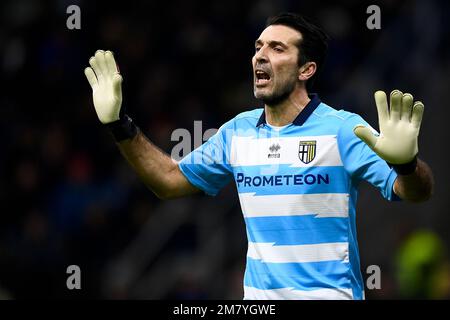 Milan, Italie. 10 janvier 2023. Gianluigi Buffon de Parme Calcio réagit lors du match de football de Coppa Italia entre le FC Internazionale et Parme Calcio. Credit: Nicolò Campo/Alay Live News Banque D'Images