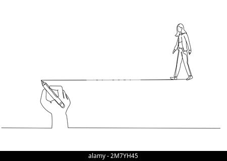 Dessin animé de femme d'affaires marchant suivant sur la ligne de guide écrit par l'homme concept de l'orientation. Design de style art simple Illustration de Vecteur