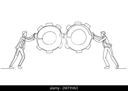 Dessin animé de l'homme d'affaires poussant le concept de roue d'engrenages de travail d'équipe d'affaires. Design de style art à une ligne Illustration de Vecteur