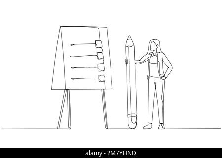 Illustration d'une femme d'affaires présentant un plan d'action avec une étape de liste de contrôle sur le concept de procédure du tableau blanc. Design de style art continu Illustration de Vecteur