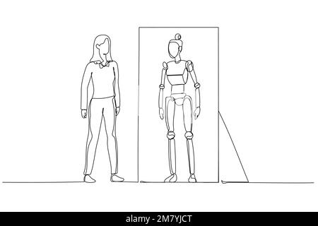 Dessin d'une femme d'affaires regardant dans le miroir et voyant la version robot du concept de soi de l'intelligence artificielle. Un dessin au trait continu Illustration de Vecteur