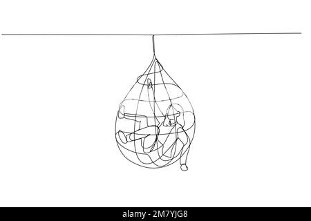 Dessin d'une femme d'affaires emmêlée dans le piège net métaphore de la faillite d'affaires se prendre. Un design de style art continu Illustration de Vecteur